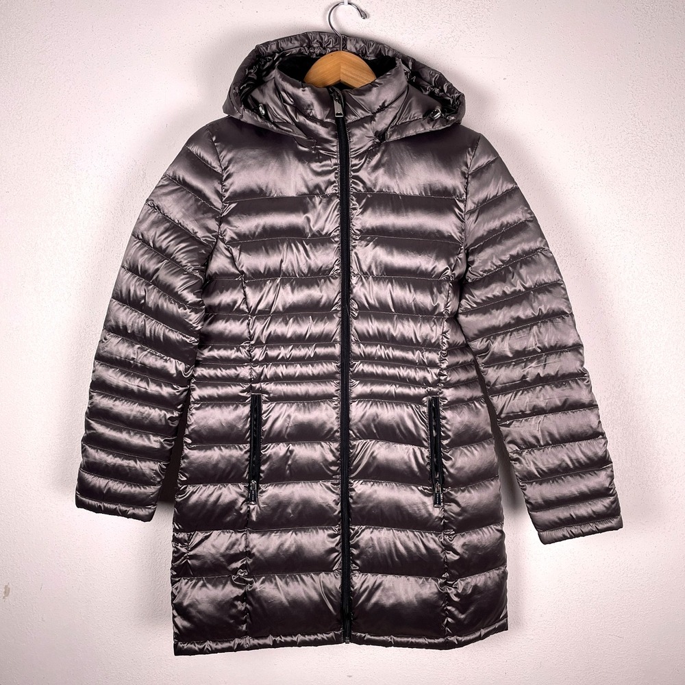 Andrew Marc Packable Down Coat Womens Medium Metallic Silver Puffer Jacket Hood